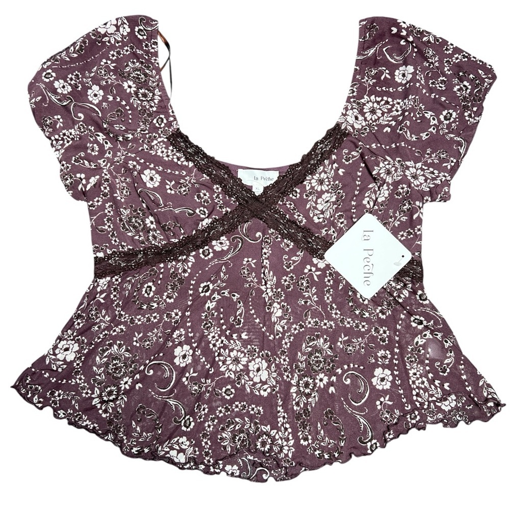 La Peche Y2K Purple Floral V neck  Blouse women’s XL